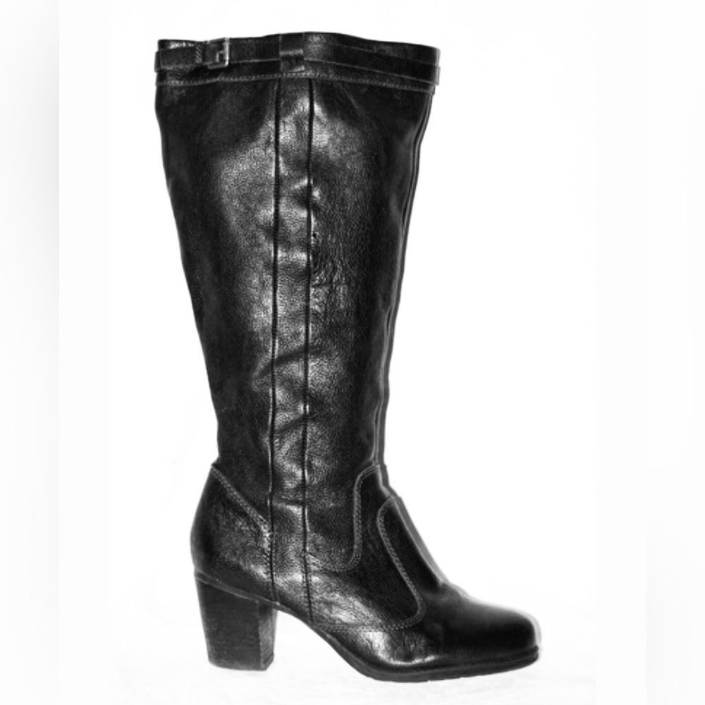 Naturalizer DAMARIS Black Leather Wide Leg Zip Closure Buckle Tall Heeled Boots